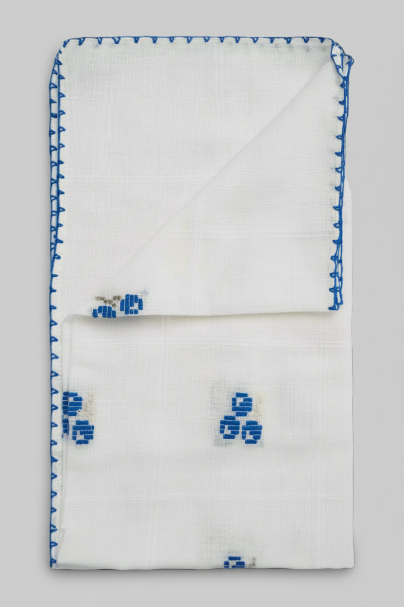 Cherry Blue Hand-Embroidered Tablecloth – One-of-a-Kind