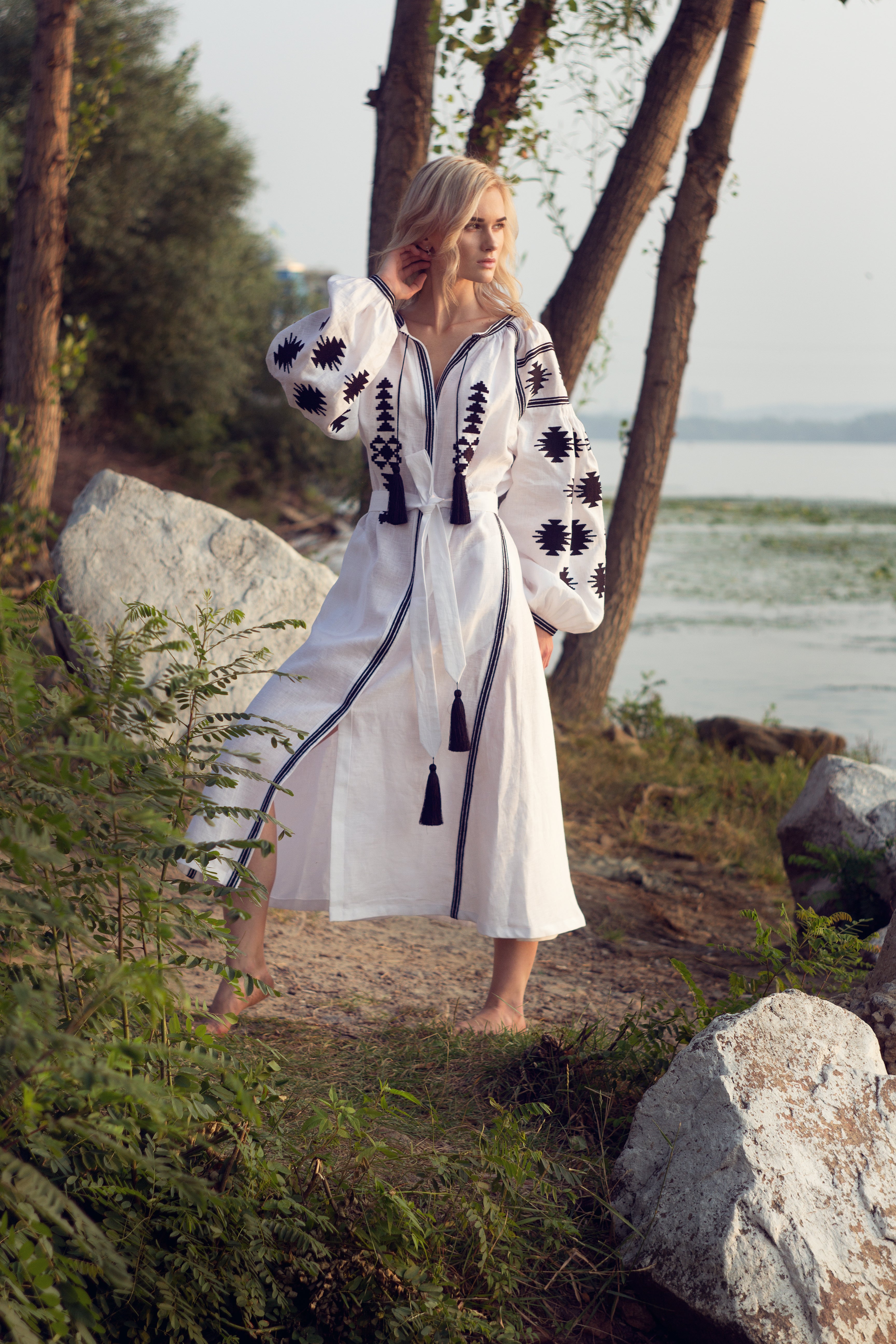 White Geometry embroidered caftan dress