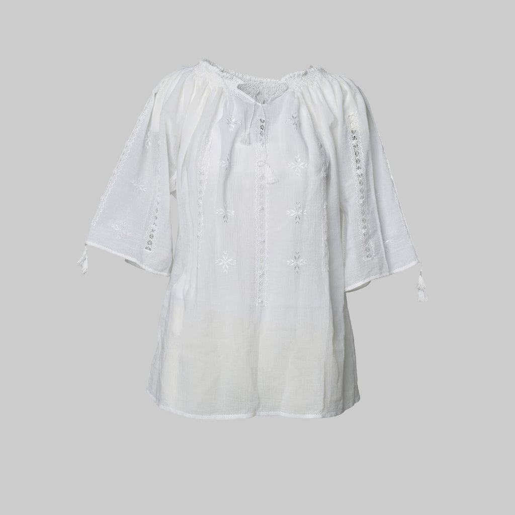 White blouse with ruffled sleeves on a white background
