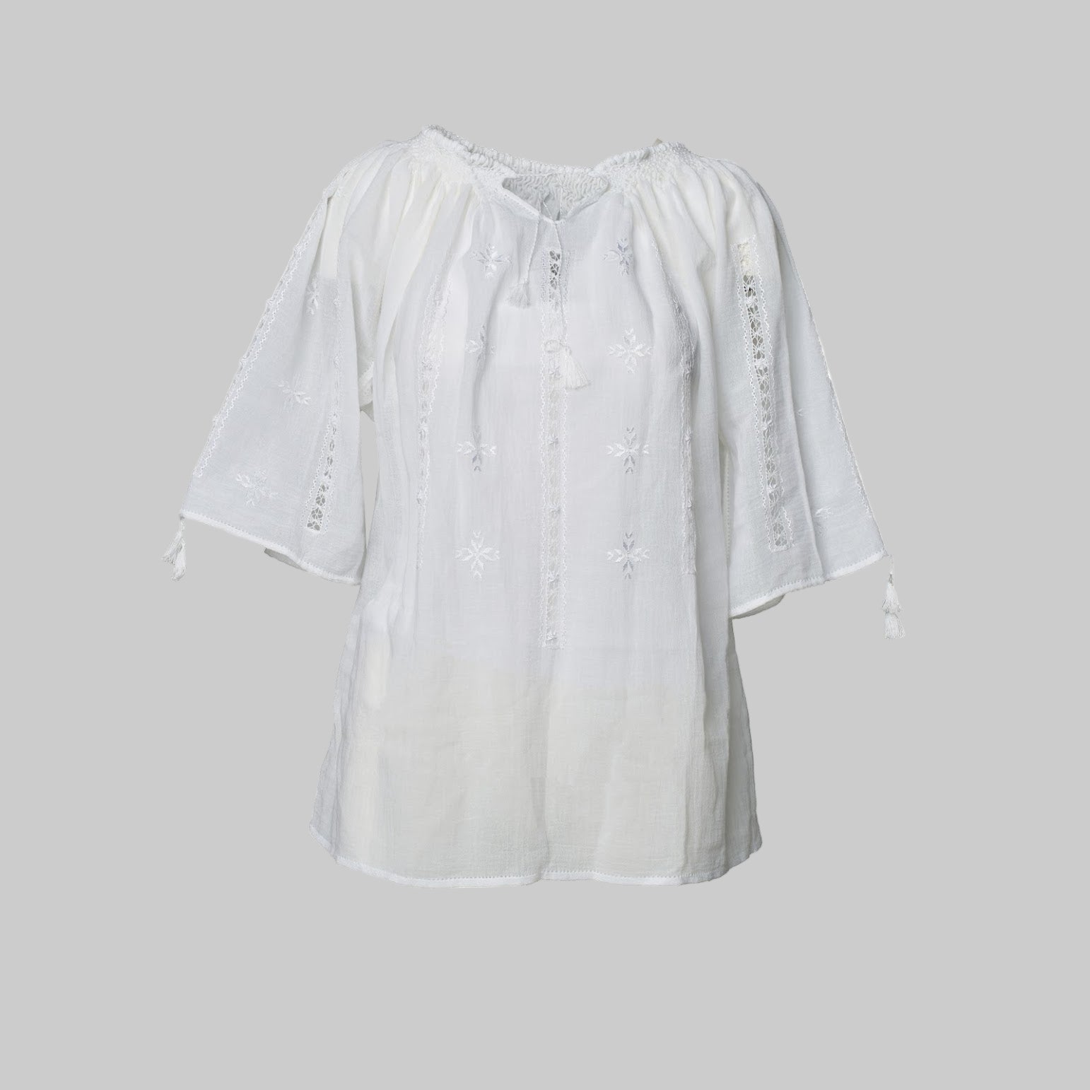 White blouse with ruffled sleeves on a white background