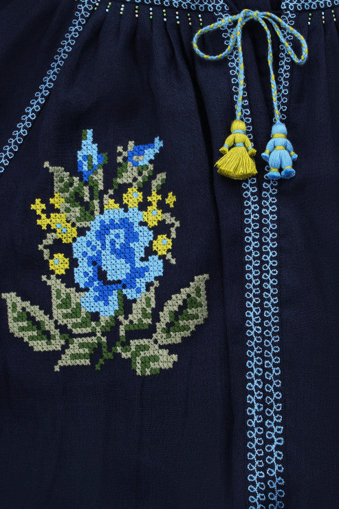 Evelyn Floral Embroidered Dress in Navy Blue