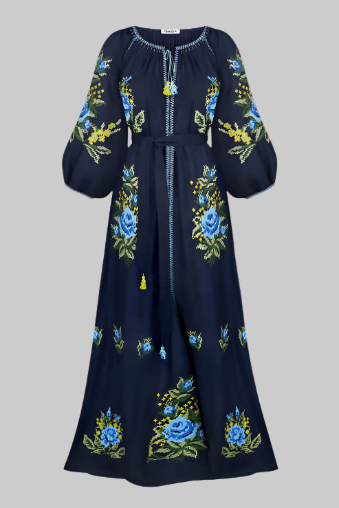 Evelyn Floral Embroidered Dress in Navy Blue