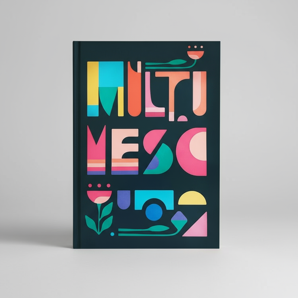 Colorful geometric design on a black background with 'Multimelo' text, placed on a soft pink fabric.