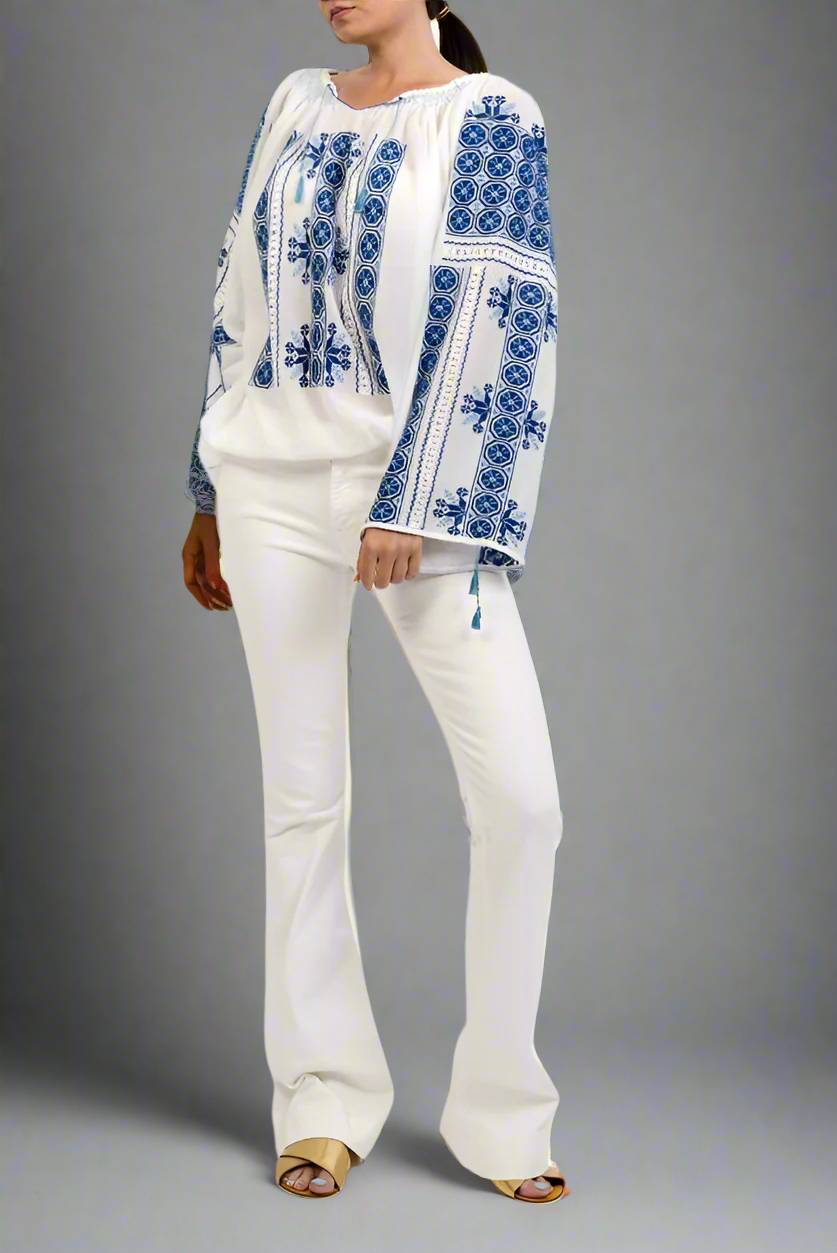 The Romanian Blouse with Openwork Lace and Dark-Blue 'Wheel of Fortune' Embroidery Handmade by Artisans
