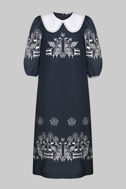 Embroidered Linen Mini Dress with Birds and Flowers Zozulya