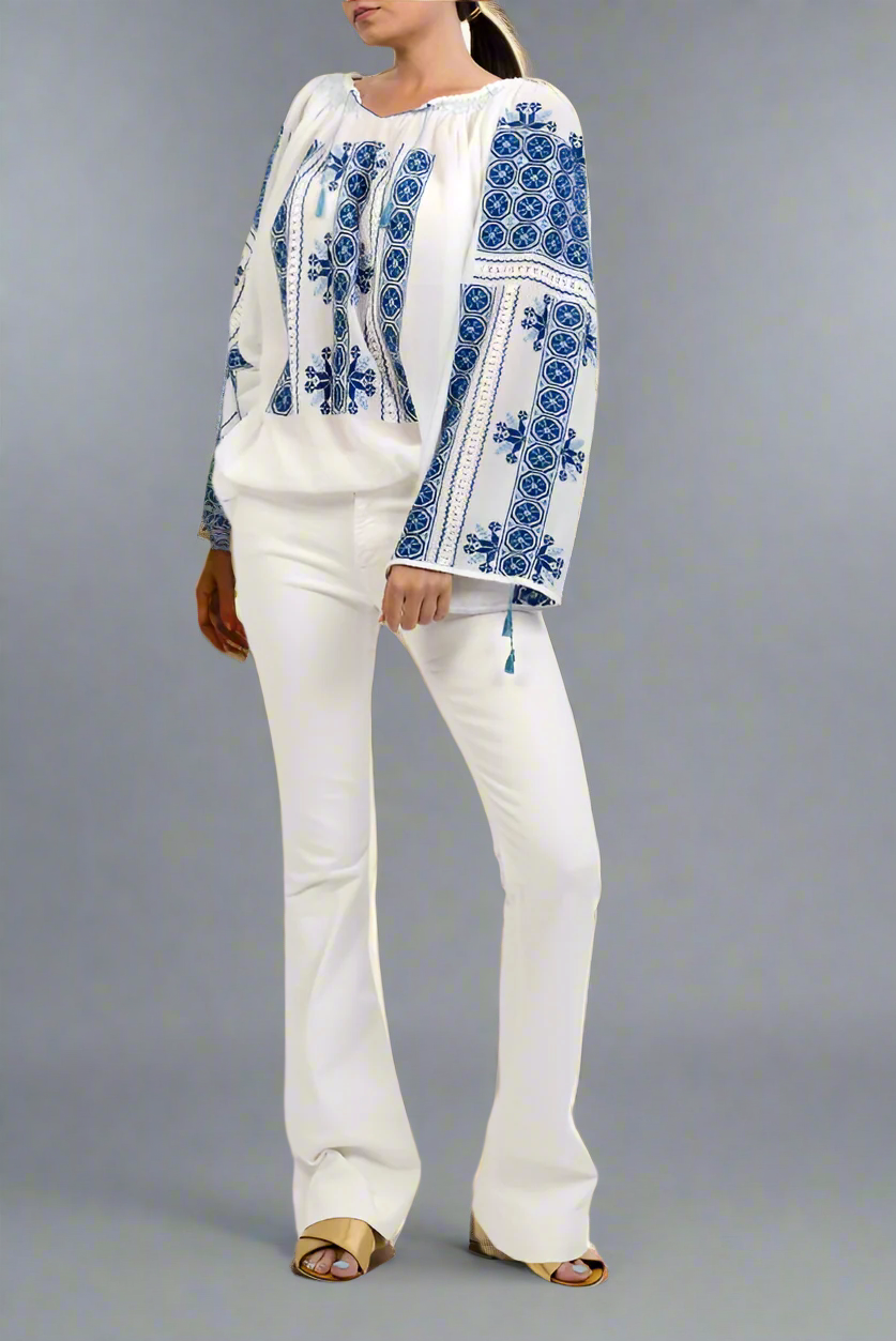 The Romanian Blouse with Openwork Lace and Dark-Blue 'Wheel of Fortune' Embroidery Handmade by Artisans