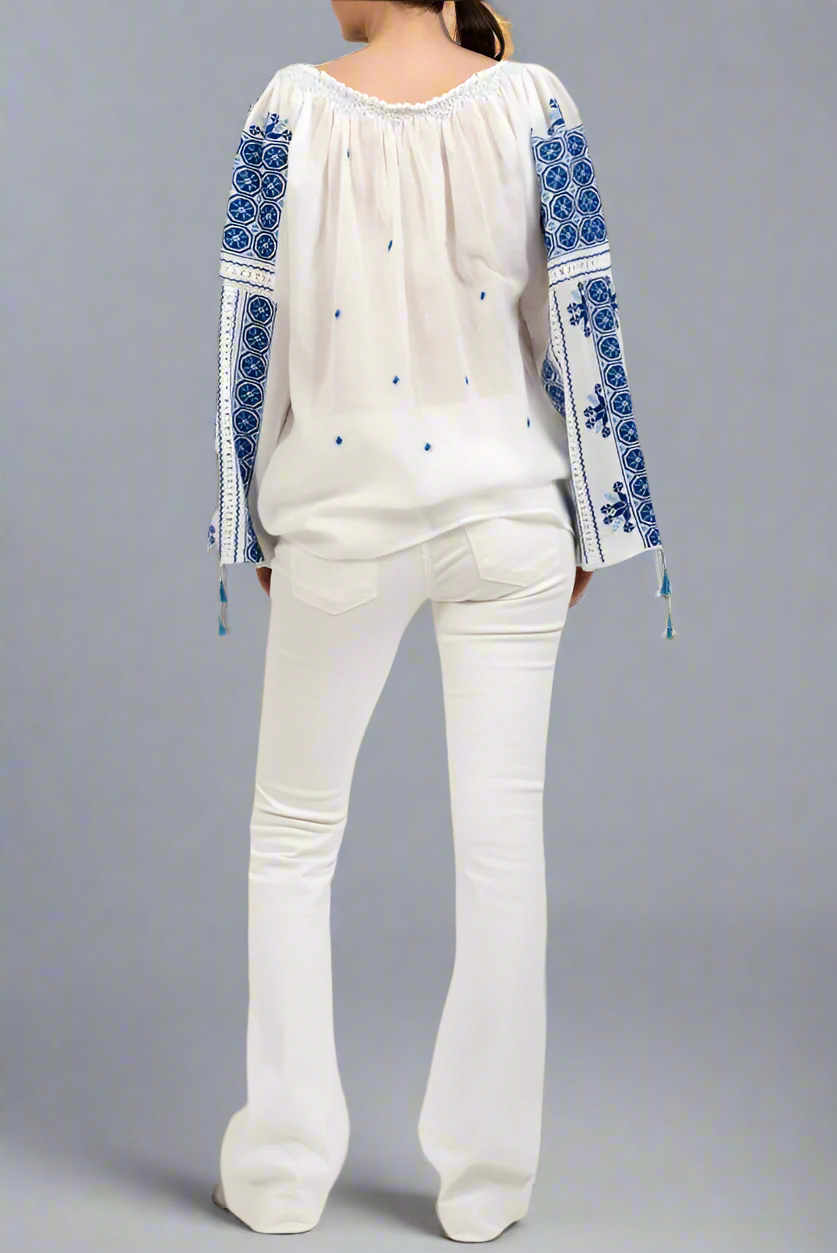 The Romanian Blouse with Openwork Lace and Dark-Blue 'Wheel of Fortune' Embroidery Handmade by Artisans