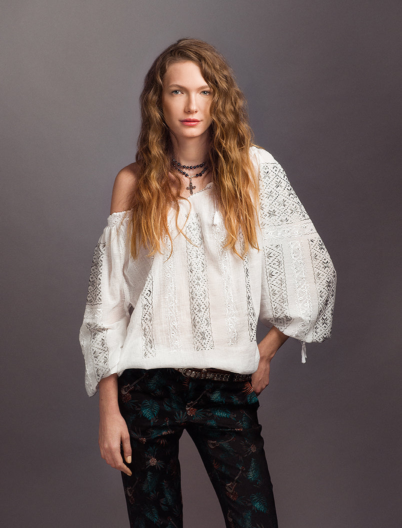 Silver Eight Pointed Star Embroidered Romanian Blouse