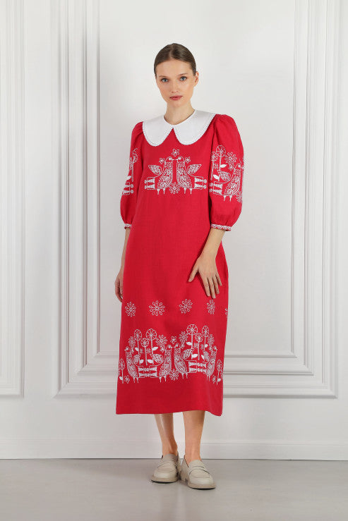 Embroidered Linen Mini Dress with Birds and Flowers Zozulya