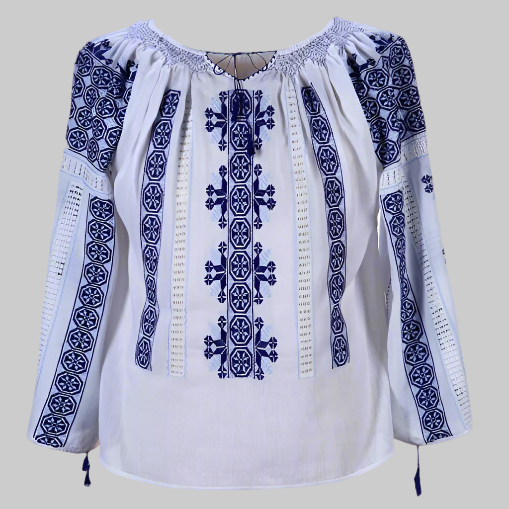 The Romanian Blouse with Openwork Lace and Dark-Blue 'Wheel of Fortune' Embroidery Handmade by Artisans