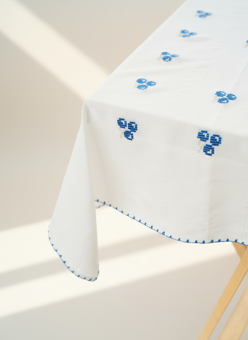 Cherry Blue Hand-Embroidered Tablecloth – One-of-a-Kind