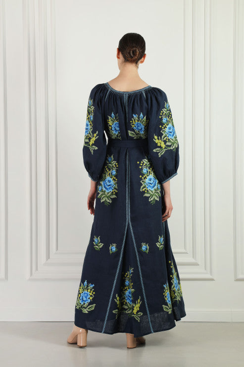 Evelyn Floral Embroidered Dress in Navy Blue