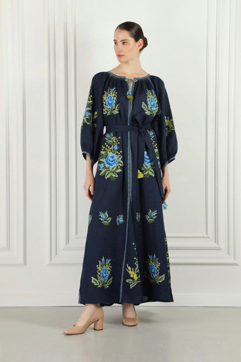 Evelyn Floral Embroidered Dress in Navy Blue