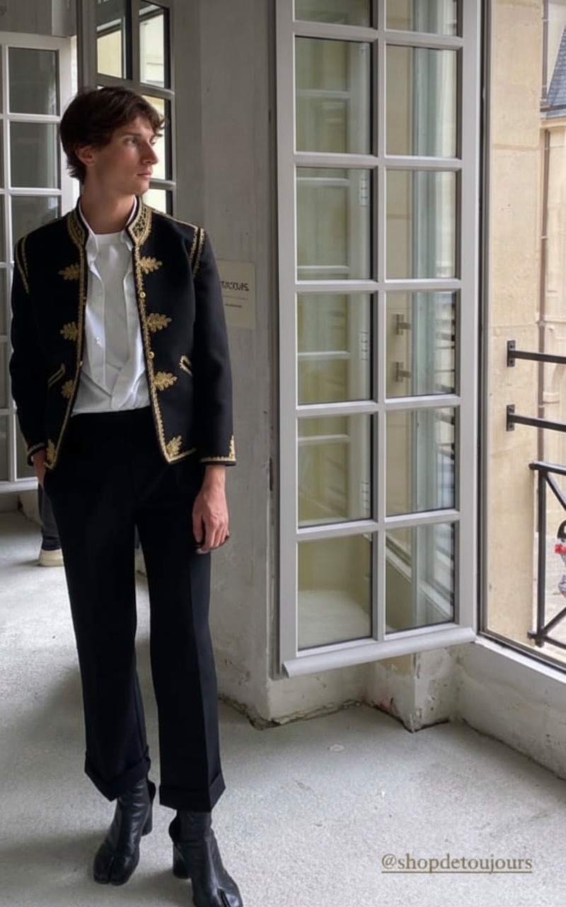 Black Wool Unisex Jacket with Gold Embroidery No8