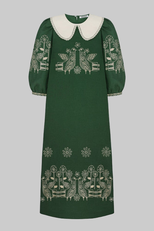 Embroidered Linen Mini Dress with Birds and Flowers Zozulya