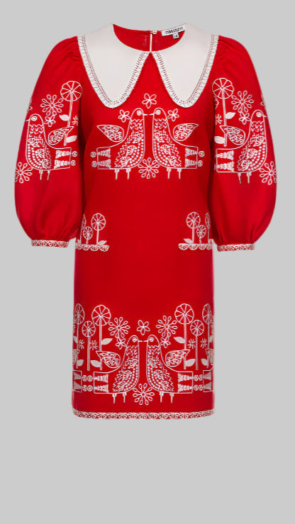 Embroidered Linen Mini Dress with Birds and Flowers Zozulya