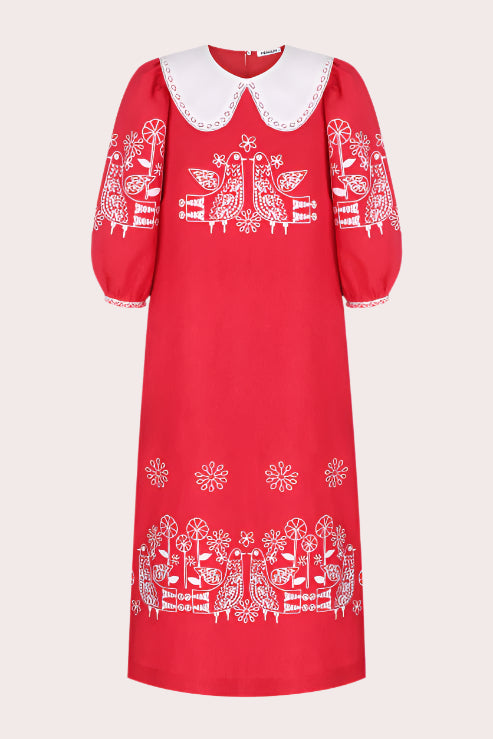 Embroidered Linen Mini Dress with Birds and Flowers Zozulya