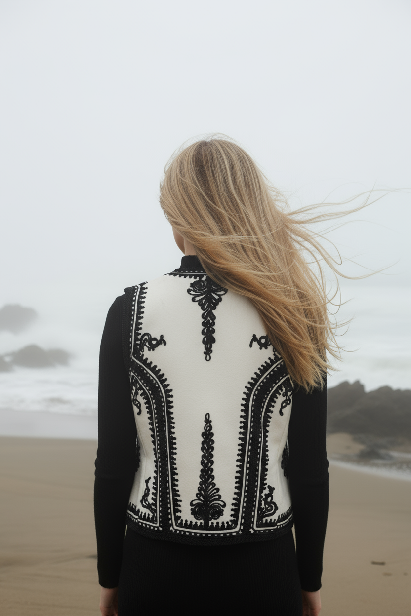 The Folk Embroidered Vest In Black and White