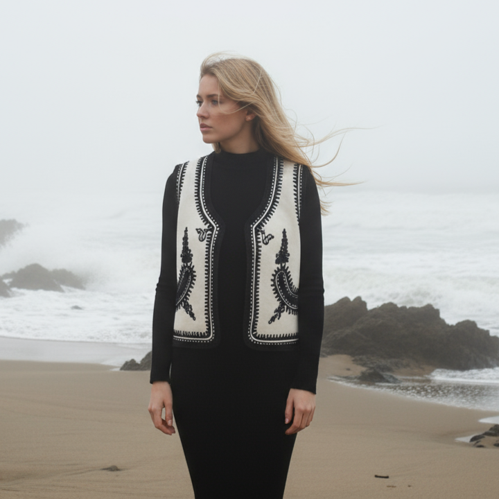 The Folk Embroidered Vest In Black and White