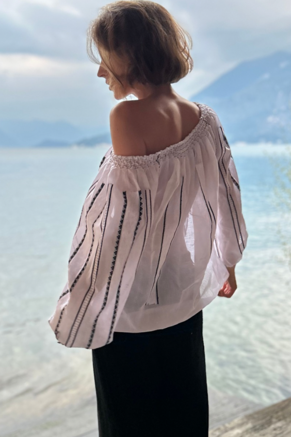 Handwoven Blouse in Black an White Embroidery