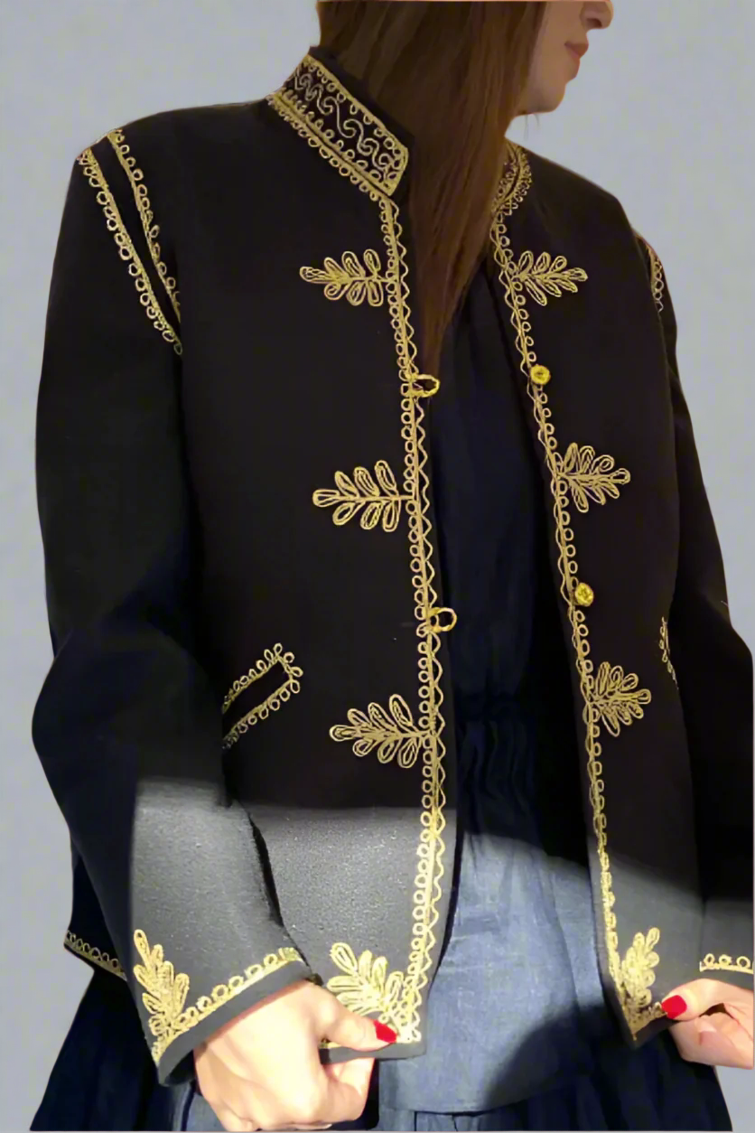 Black Wool Unisex Jacket with Gold Embroidery No8