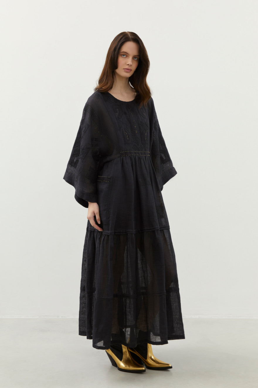 Braille Long Tiered Embroidered Linen Dress in Black