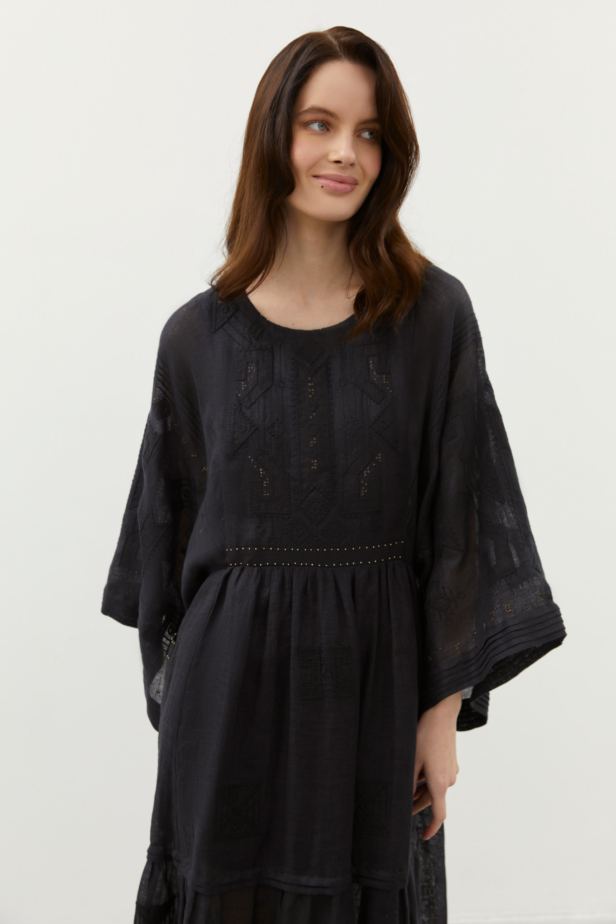 Braille Long Tiered Embroidered Linen Dress in Black