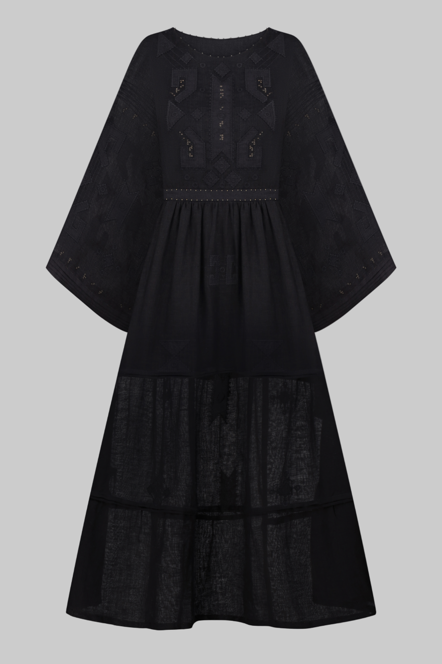 Braille Long Tiered Embroidered Linen Dress in Black