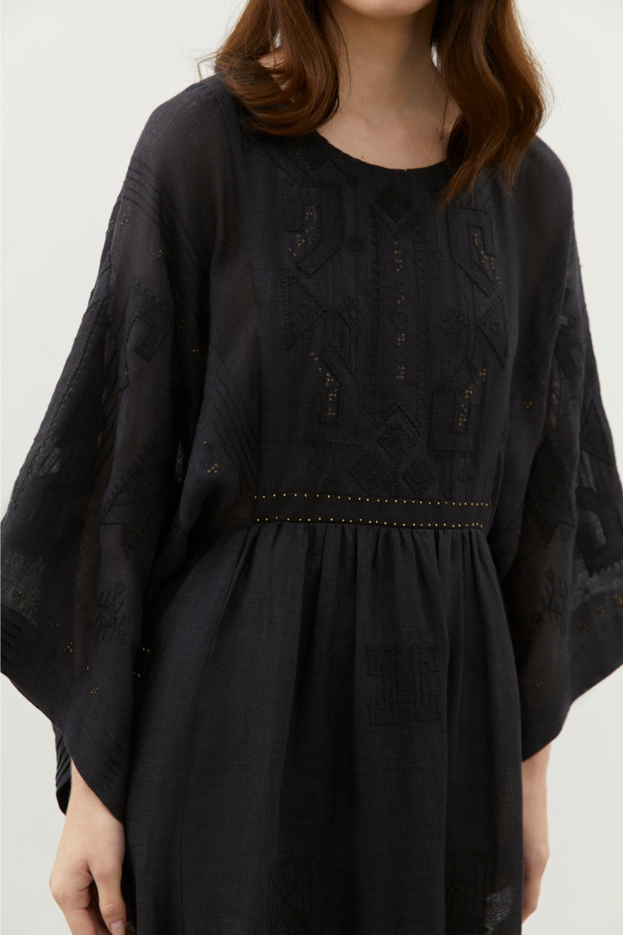 Braille Long Tiered Embroidered Linen Dress in Black