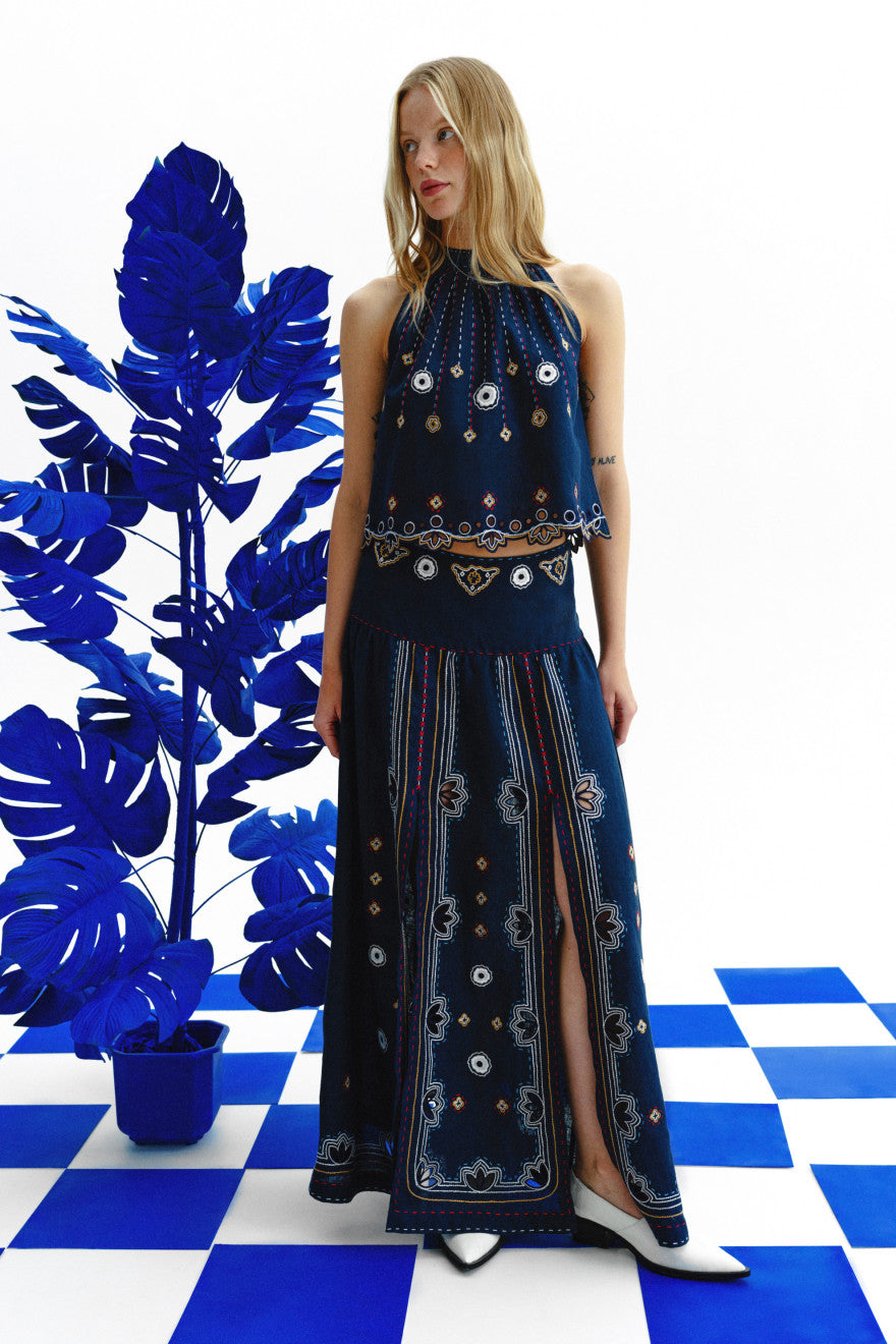 Check Mate Boho Linen Skirt with Embroidery