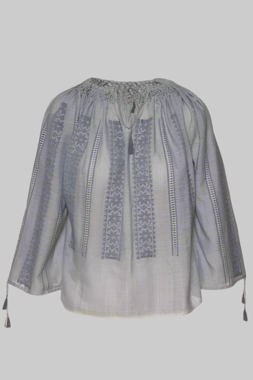 A traditional Romanian blouse featuring a honeycomb-pleated collar and traditional geometric embroidery in gray and blue colors.