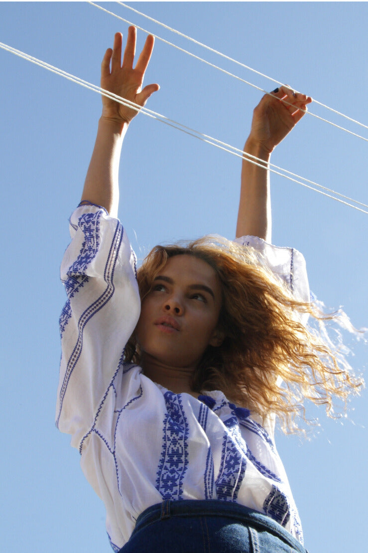 Woven Romanian Blouse in Blue
