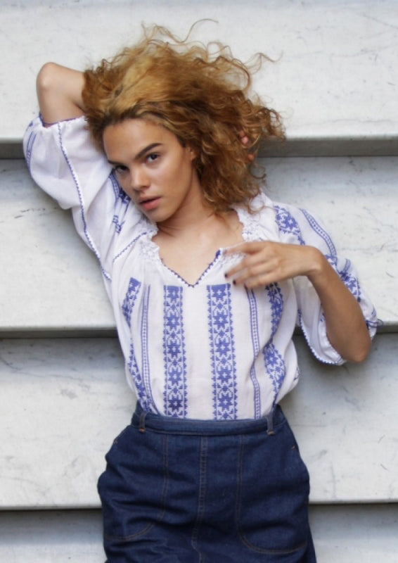 Woven Romanian Blouse in Blue