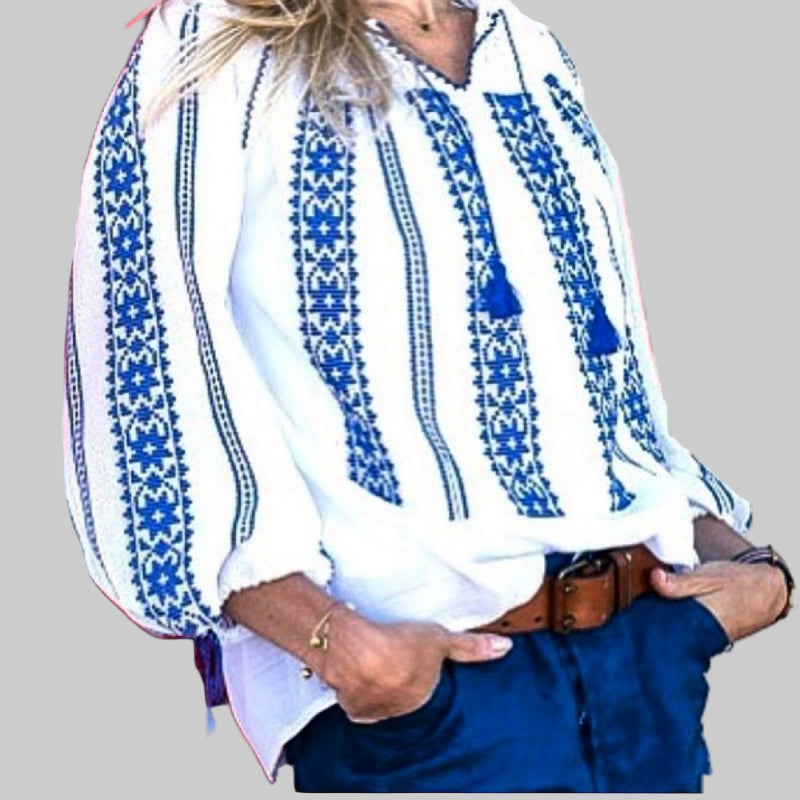 Woven Romanian Blouse in Blue