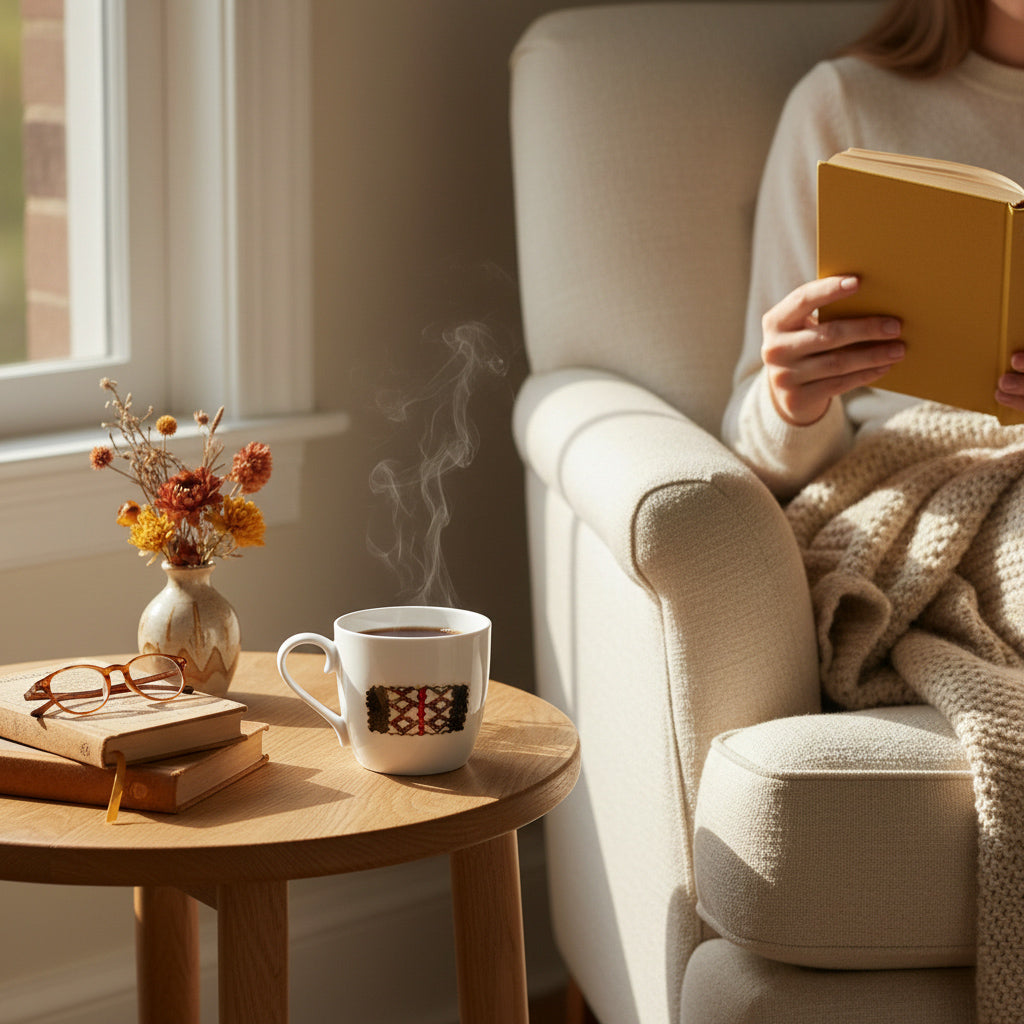 Hand-Painted Porcelain Mug – Artisanal Folk Art Pattern with Gold Accents