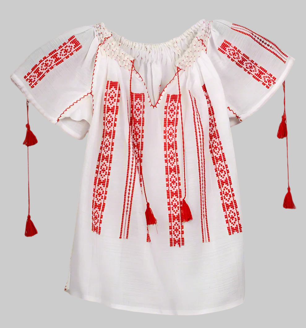 Girl Toddler Handwoven Romanian Blouse White with Red Embroidery