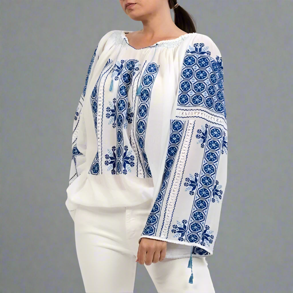 The Romanian Blouse with Openwork Lace and Dark-Blue 'Wheel of Fortune' Embroidery Handmade by Artisans