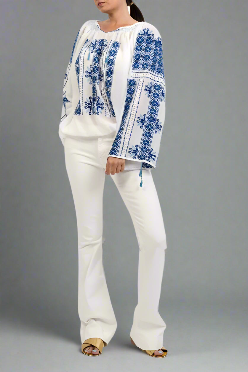 The Romanian Blouse with Openwork Lace and Dark-Blue 'Wheel of Fortune' Embroidery Handmade by Artisans
