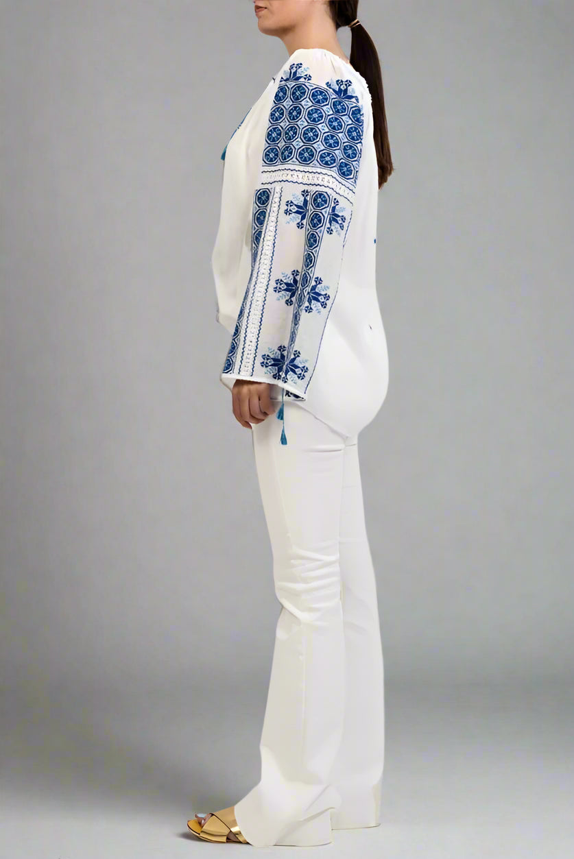 The Romanian Blouse with Openwork Lace and Dark-Blue 'Wheel of Fortune' Embroidery Handmade by Artisans