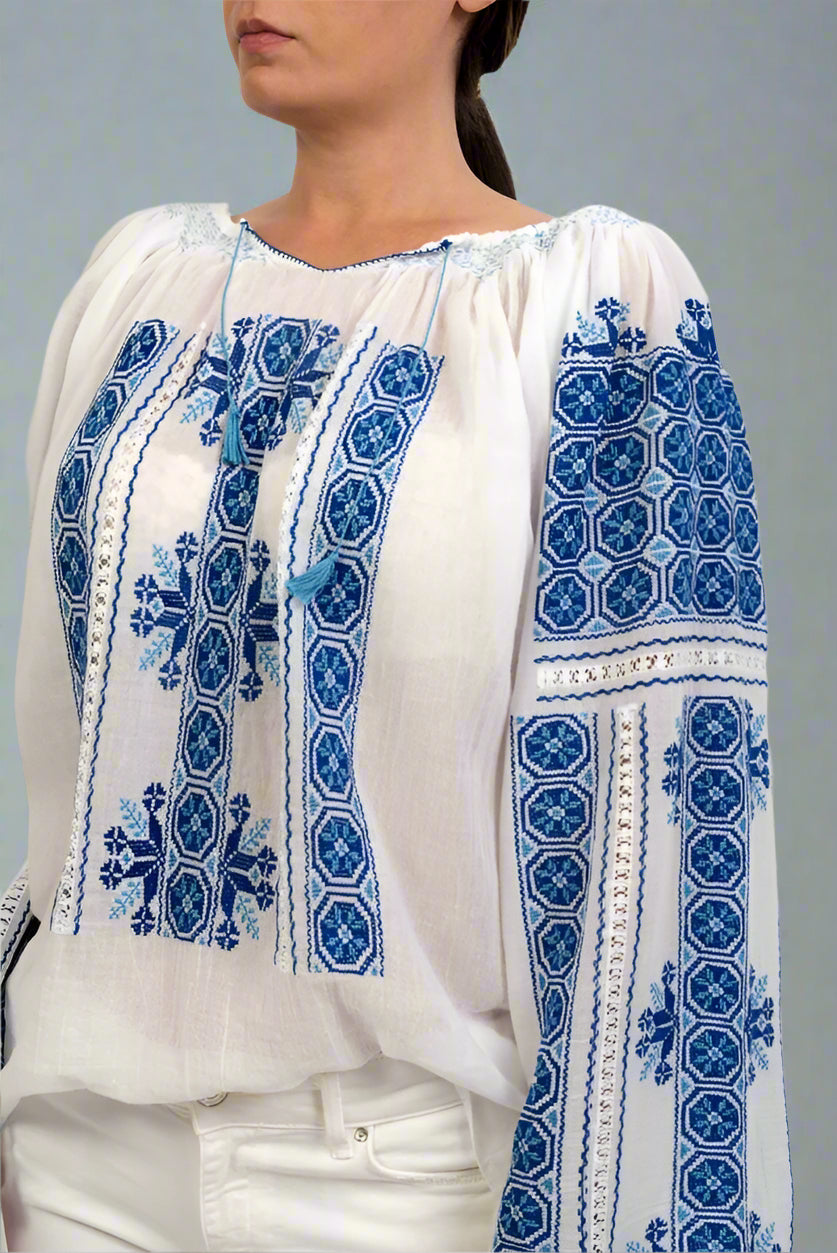 The Romanian Blouse with Openwork Lace and Dark-Blue 'Wheel of Fortune' Embroidery Handmade by Artisans