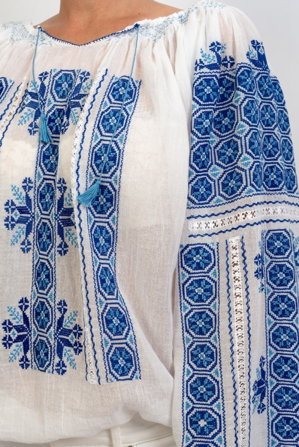 The Romanian Blouse with Openwork Lace and Dark-Blue 'Wheel of Fortune' Embroidery Handmade by Artisans