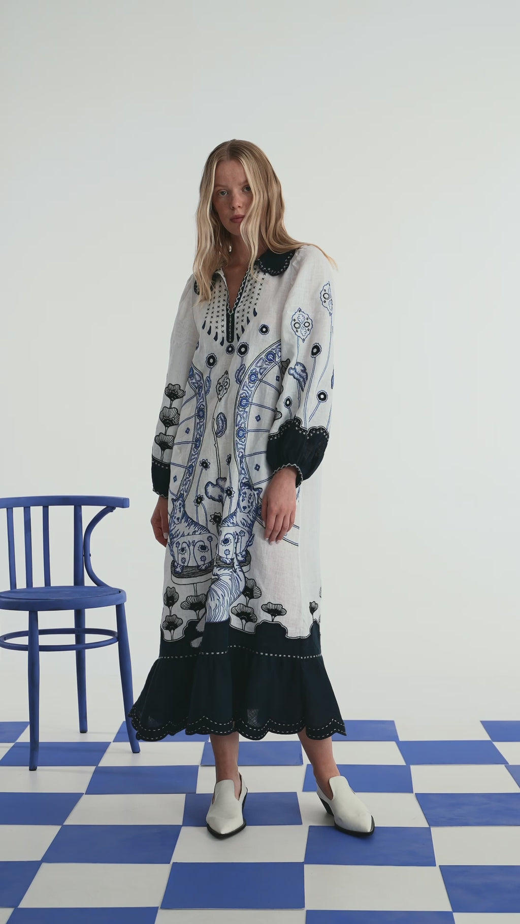 Tiger Burning Bright Linen Midi Dress – Hand-Embroidered Vyshyvanka