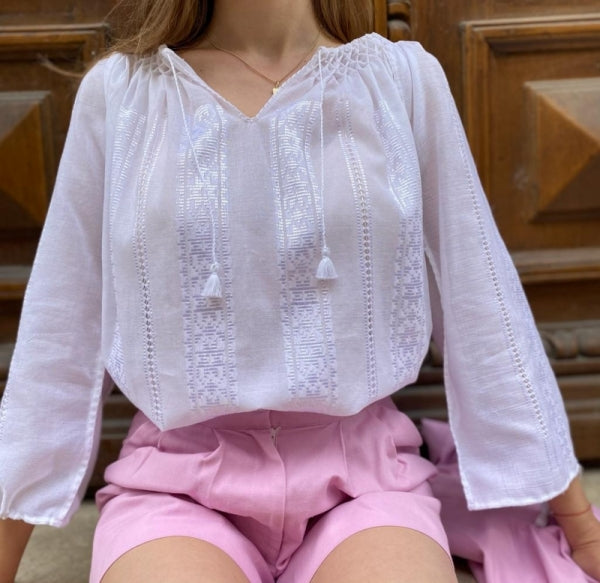 Woven Romanian Blouse in White