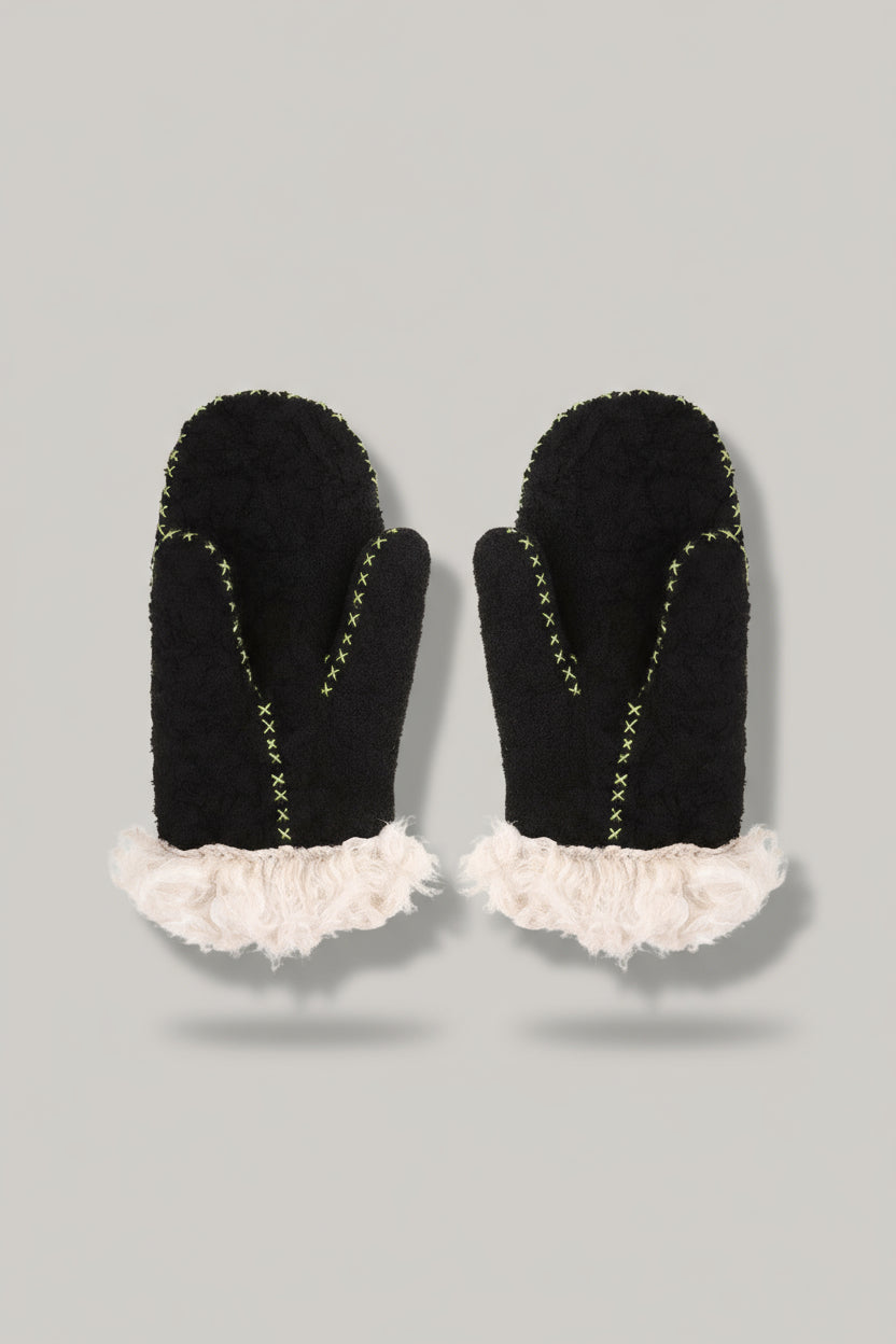 Pair of black mittens with lace cuffs on a white background