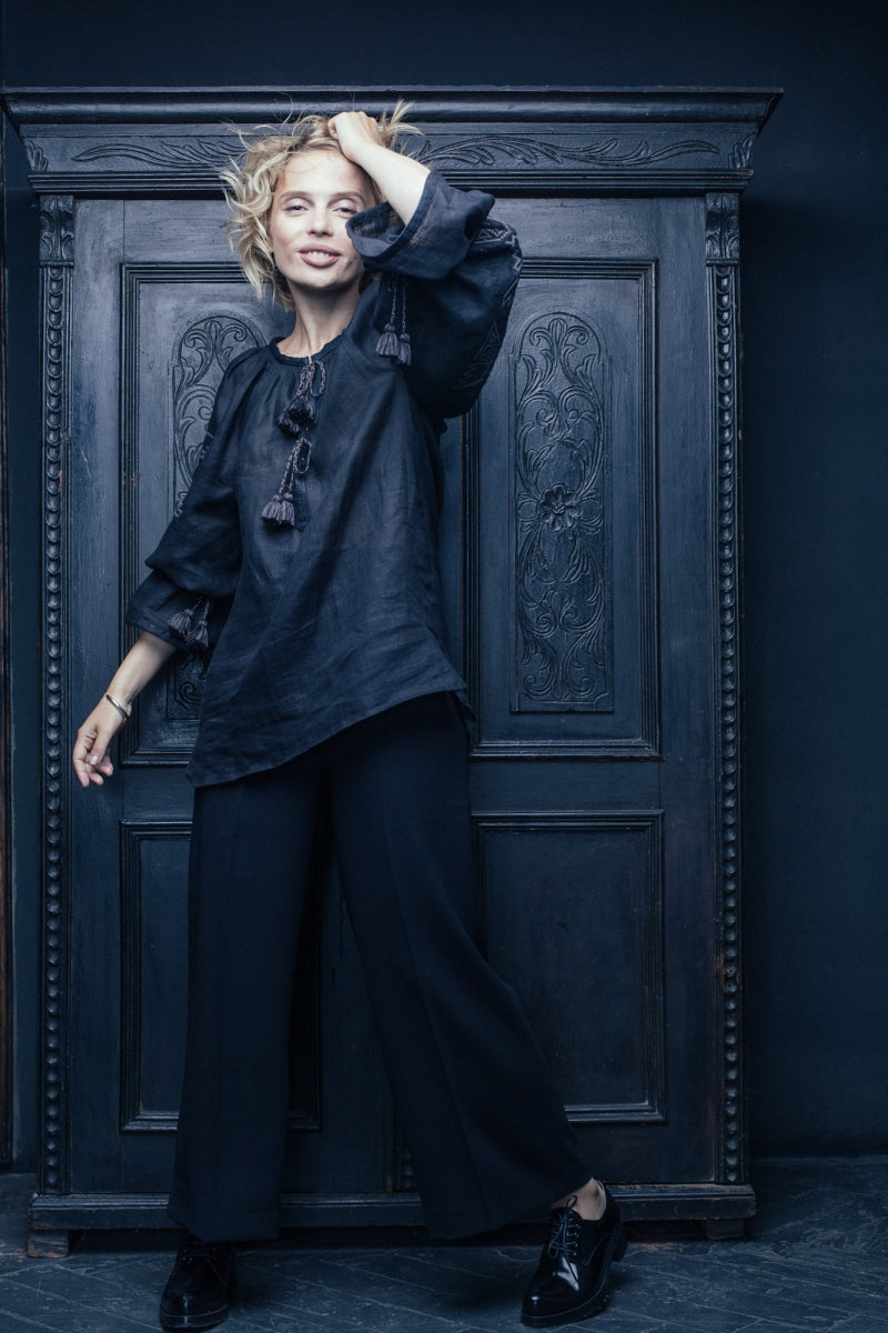 Black Orchid Linen Blouse – Hand-Embroidered Vyshyvanka