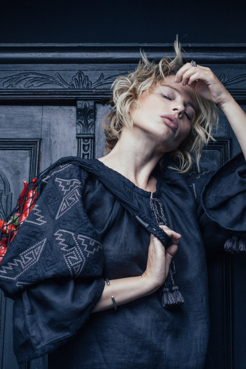 Black Orchid Linen Blouse – Hand-Embroidered Vyshyvanka