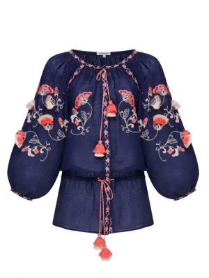 Boho beach blouse in navy linen with beige and pink embroidery Paradise Bird Foberini