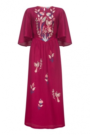 Boho Ukrainian linen dress in burgundy with ethnic floral motifs Foberini
