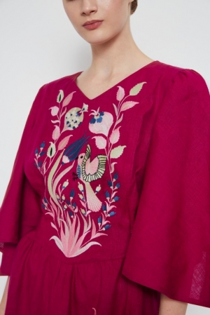 Boho Ukrainian linen dress in burgundy with ethnic floral motifs Foberini