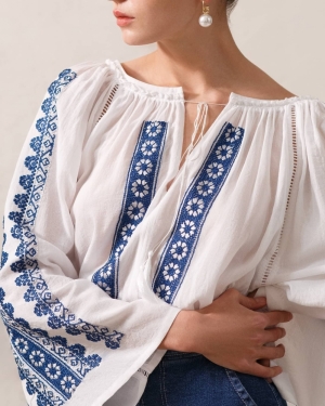FLORII Flower Path Folk Peasant blouse style with floral embroidery Coffee Blue